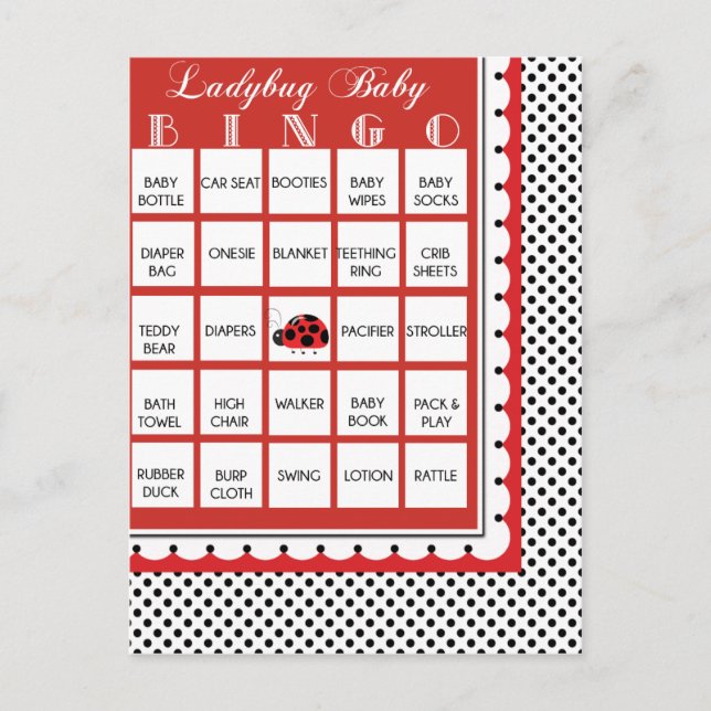 Cartão Postal De Convite Chá de fraldas Ladybug Polkadots - Cartão de Bingo (Frente)