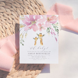 Cartão Postal De Convite Chá de fraldas Pastel Orange & Pink Floral Giraffe