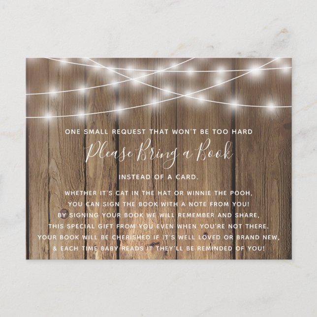 Cartão Postal De Convite Chá de fraldas Rustic Wood BabyQ Traga um Livro (Frente)