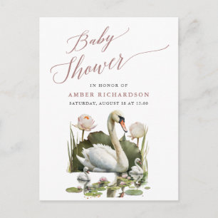 Cartão Postal De Convite Chá de fraldas Swan Minimalista Mauve Elegant Scri