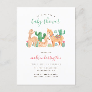 Cartão Postal De Convite Chá de fraldas Sweet Alpaca Llama Cactus Boho
