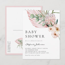 Cartão Postal De Convite Chá de fraldas tropical proteico de aquarela rosa