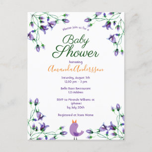 Cartão Postal De Convite Chá de fraldas violeta floral azul branco