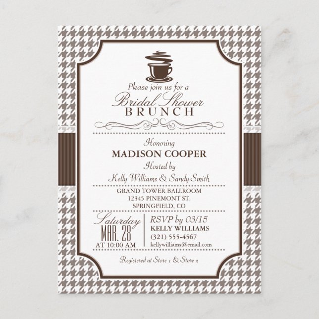 Cartão Postal De Convite Chá de panela Brunch; Taupe Houndstooth Invite (Frente)