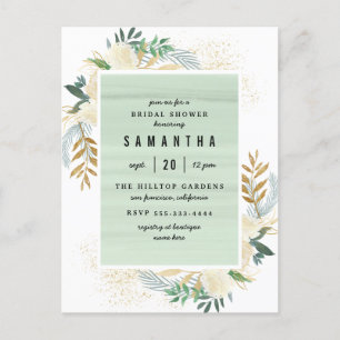 Cartão Postal De Convite Chá de panela Dourado e Watercolor Floral
