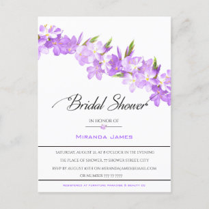 Cartão Postal De Convite Chá de panela Elegante das Flores de Aquarela Roxa