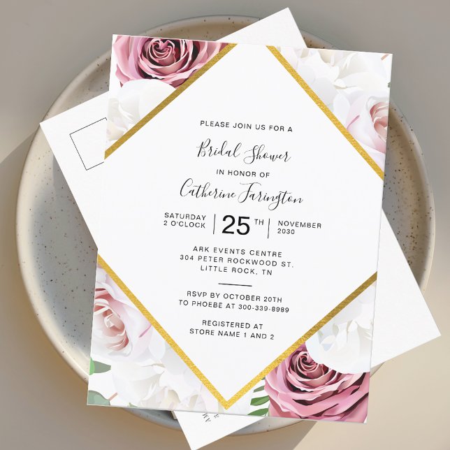 Cartão Postal De Convite Chá de panela Elegante Floral Rosa (Watercolor Floral Tan Script Bridal Shower Invitation Postcard)