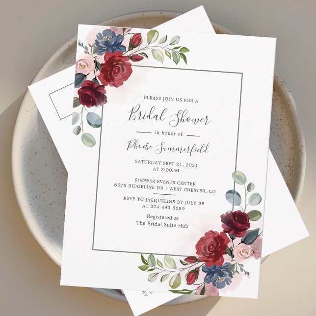 Cartão Postal De Convite Chá de panela Eucalyptus de Script Floral Burgundy (Watercolor Floral Burgundy Bridal Shower Invitation Postcard)