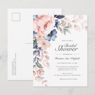 Cartão Postal De Convite Chá de panela Floral Azul Rosa Moderno