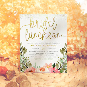 Cartão Postal De Convite Chá de panela Floral Bridal Dourada