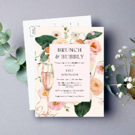 Cartão Postal De Convite Chá de panela Floral Brunch e Bubble