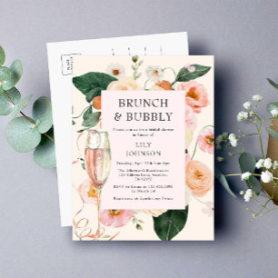 Cartão Postal De Convite Chá de panela Floral Brunch e Bubble