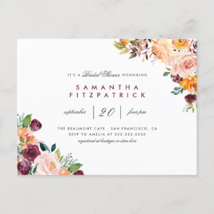 Cartão Postal De Convite Chá de panela Floral Chic Blush & Burgundy