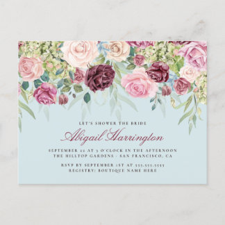 Cartão Postal De Convite Chá de panela Floral de Borgonha e Pastel Watercol