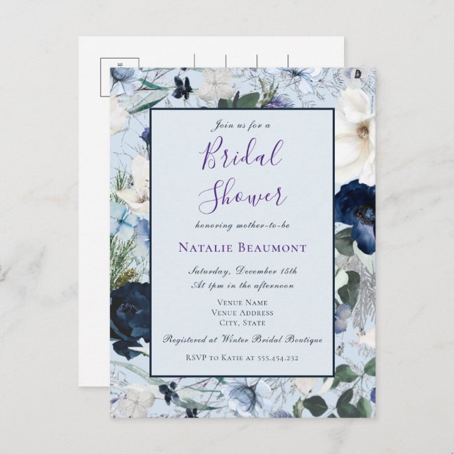 Cartão Postal De Convite Chá de panela Floral Elegante Azul Dusty (Frente/Verso)