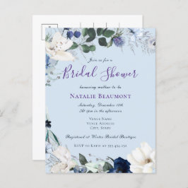 Cartão Postal De Convite Chá de panela Floral Elegante Azul Dusty