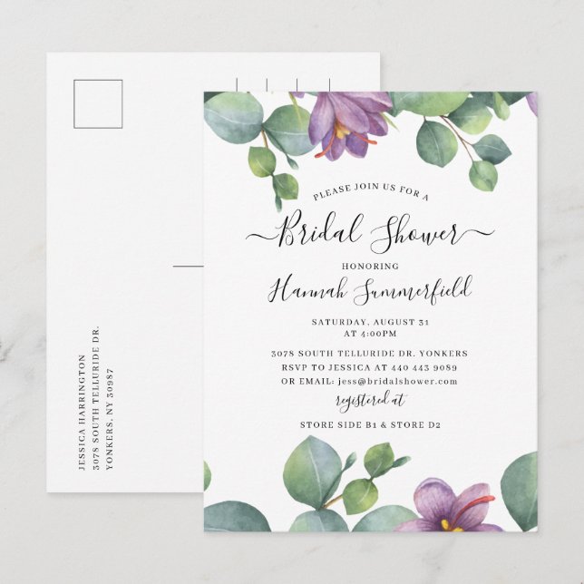 Cartão Postal De Convite Chá de panela Floral Eucalyptus Greenery (Frente/Verso)