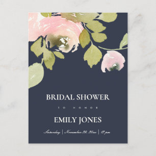 Cartão Postal De Convite CHÁ DE PANELA FLORÍFICO ROSA marinho BLUSH