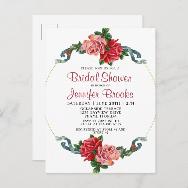 Cartão Postal De Convite Chá de panela Inverso e Rosa vermelha Elegante (Frente/Verso)