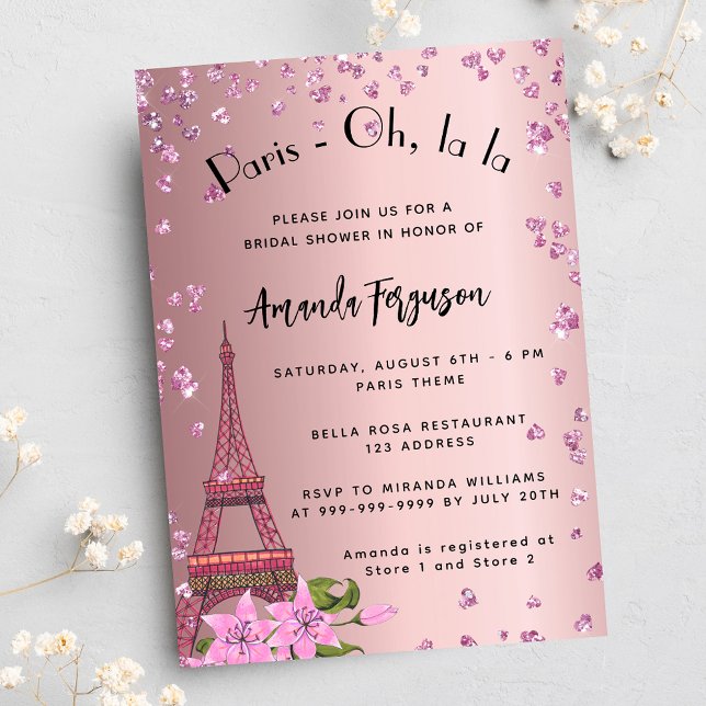Cartão Postal De Convite Chá de panela Paris Eiffel torre rosa (Criador carregado)