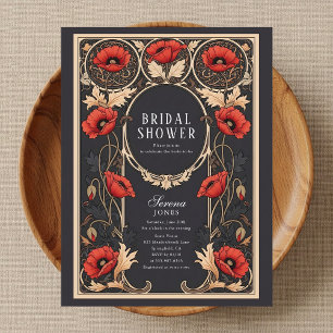 Cartão Postal De Convite Chá de panela Red Poppy Art Nouveau
