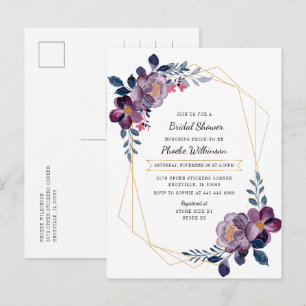 Cartão Postal De Convite Chá de panela Roxo de Cores Aquáticas Florais