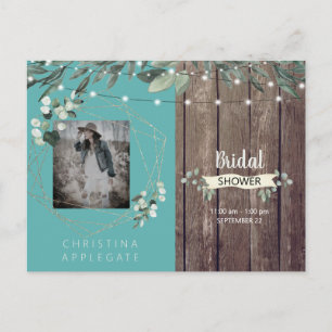 Cartão Postal De Convite Chá de panela Rustic Lights & Wood Photo Turquoise