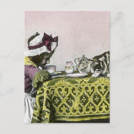 Cartão Postal De Convite Chá para Duas Garota Vitoriana e Festa de Gatinho