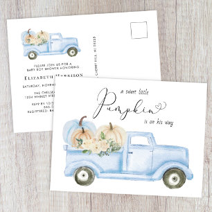 Cartão Postal De Convite Chá Pumpkin Blue Vintage Truck Baby Boy