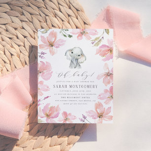 Cartão Postal De Convite Chá Russo de Elefante Floral Blush Pink Baby Girl