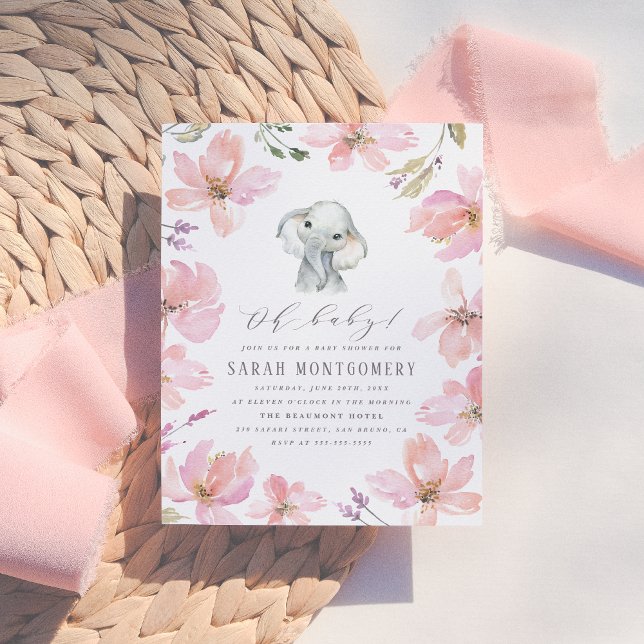 Cartão Postal De Convite Chá Russo de Elefante Floral Blush Pink Baby Girl (Criador carregado)
