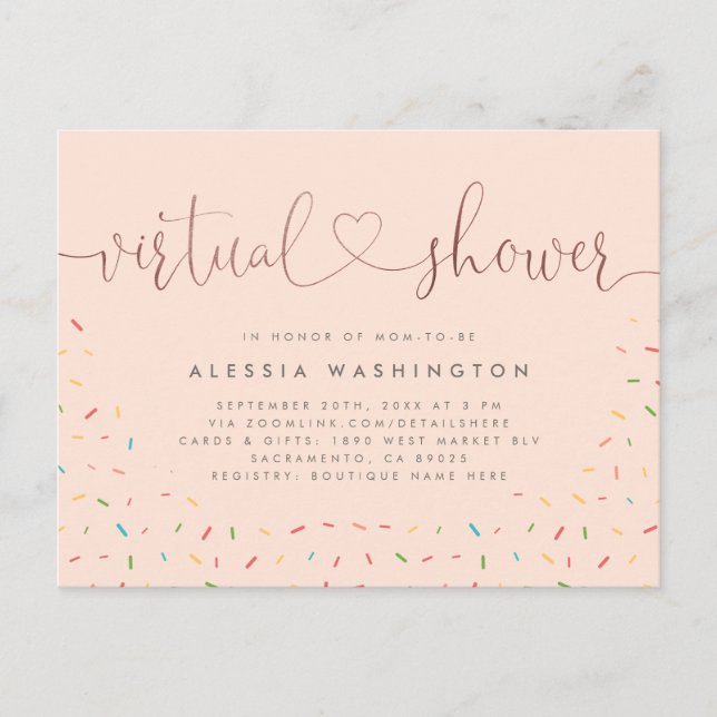 Cartão Postal De Convite Chá Virtual de Blush e Calliografia Dourada Chic (Frente)