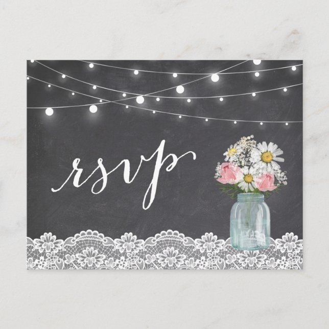 Cartão Postal De Convite Chalkboard Lights Mason Jar Floral Weding RSVP (Frente)