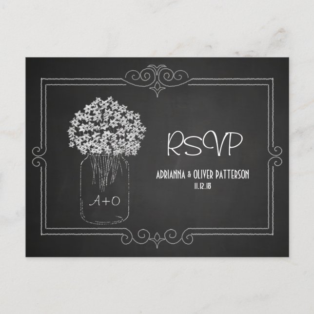 Cartão Postal De Convite Chalkboard Mason Jar Flowers Casamento RSVP (Frente)