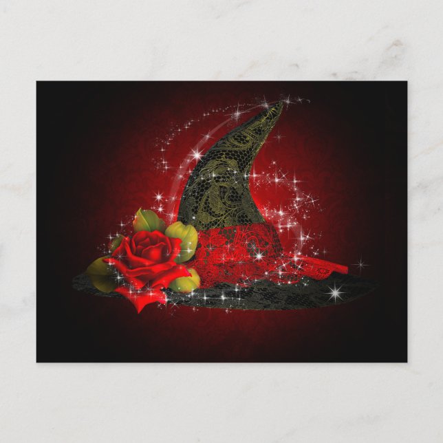 Cartão Postal De Convite Chapéu de Bruxa Glam Lacy Preto e Vermelho Brilho  (Frente)