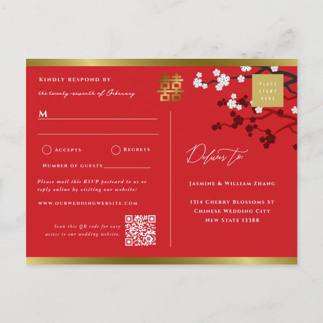Cartão Postal De Convite Cherry Blossoms E Dupla Xi China Wedding RSVP (Verso)