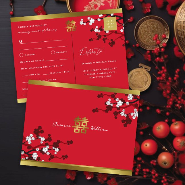 Cartão Postal De Convite Cherry Blossoms E Dupla Xi China Wedding RSVP (White Cherry Blossoms ON Red And Gold Double Happiness Chinese Wedding RSVP Postcard @ fat_fa_tin)
