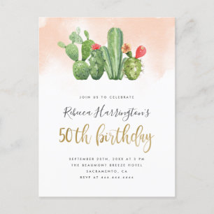 Cartão Postal De Convite Chic Blush Watercolor e Cactus 50º Aniversário