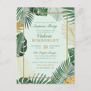 Cartão Postal De Convite Chic Green Tropical deixa moderna festa surpresa
