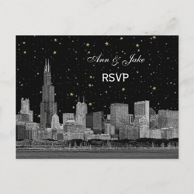 Cartão Postal De Convite Chicago Skyline Etchada Starry DIY BG RSVP 1 (Frente)