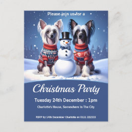 Cartão Postal De Convite Chinese Crested Dogs & Snowman Christmas Party