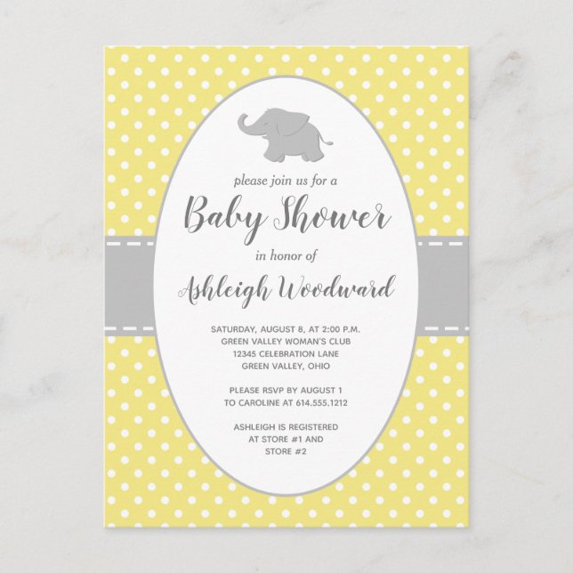 Cartão Postal De Convite Chuva de Bebê Elefante Fofo Amarelo com Bolinhas N (Frente)