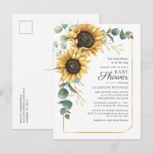 Cartão Postal De Convite Chuva de Bebê Flor de Girassol Eucalipto Verde
