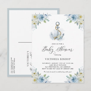 Cartão Postal De Convite Chuva de Bebê Náutico Âncora Floral Azul Aquarela
