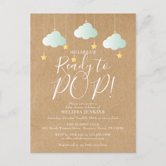Cartão Postal De Convite Chuva de Bebê Rústica Neutra Fofa Pronta para Cheg (Frente)