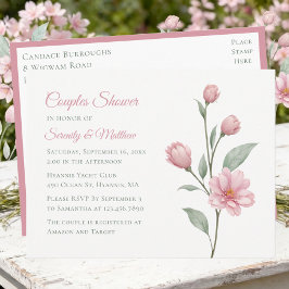 Cartão Postal De Convite Chuva de Casal Rosa Empoeirada e Sage Aquarela Flo