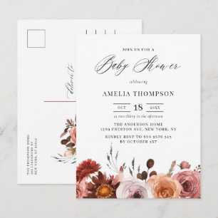 Cartão Postal De Convite Chuva de Flores Boho Aquarela Chuveiro de Bebê Out