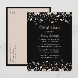 Cartão Postal De Convite Chuva de Noiva Floral Selvagem Preta Boho Elegante