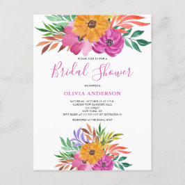 Cartão Postal De Convite Chuva de Noiva Floral Tropical Rosa em Aquarela
