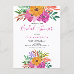 Cartão Postal De Convite Chuva de Noiva Floral Tropical Rosa em Aquarela